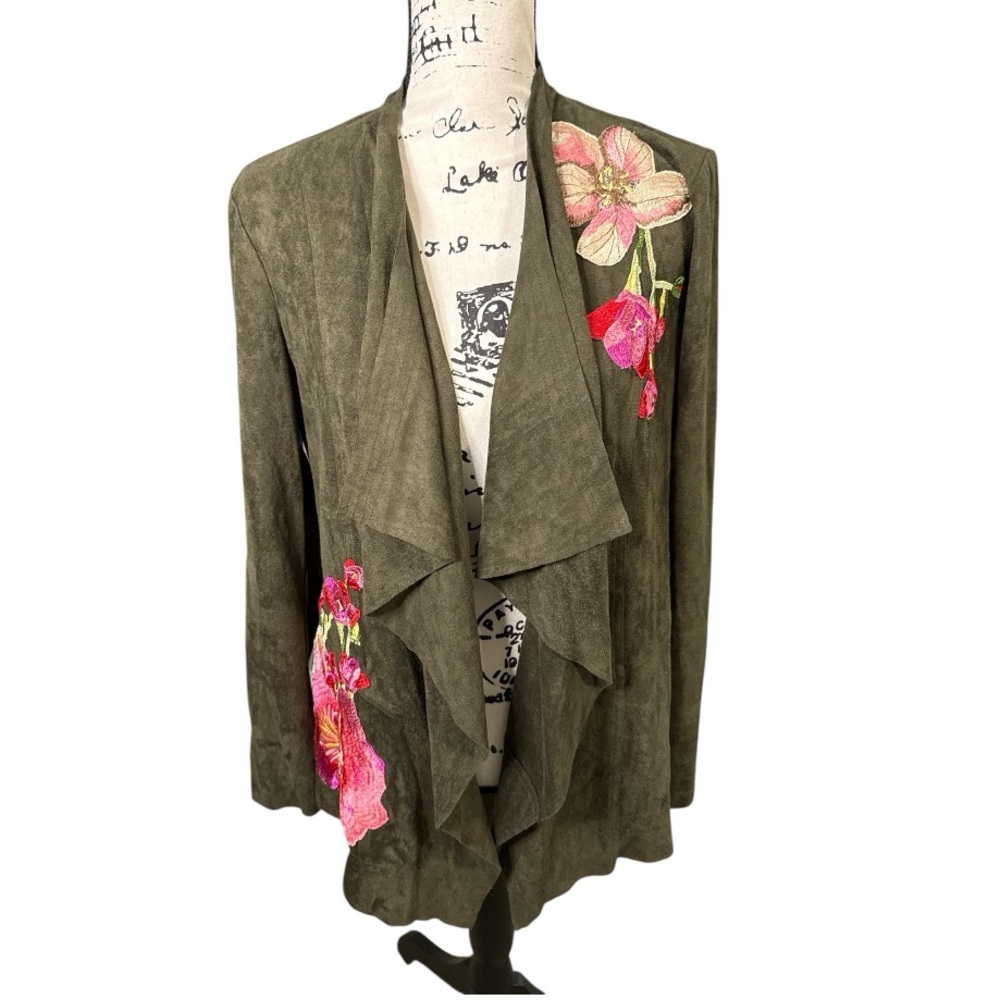 V Christina NWT Floral Embroidered Green Faux Suede Draping Waterfall Jacket MED
